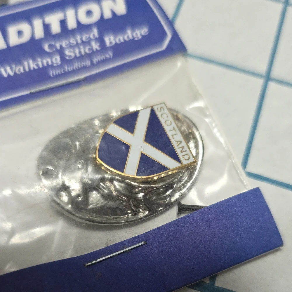 Tradition Silver and Blue Scotland Crested Walking Stick Badge NIP w/pinsVintage